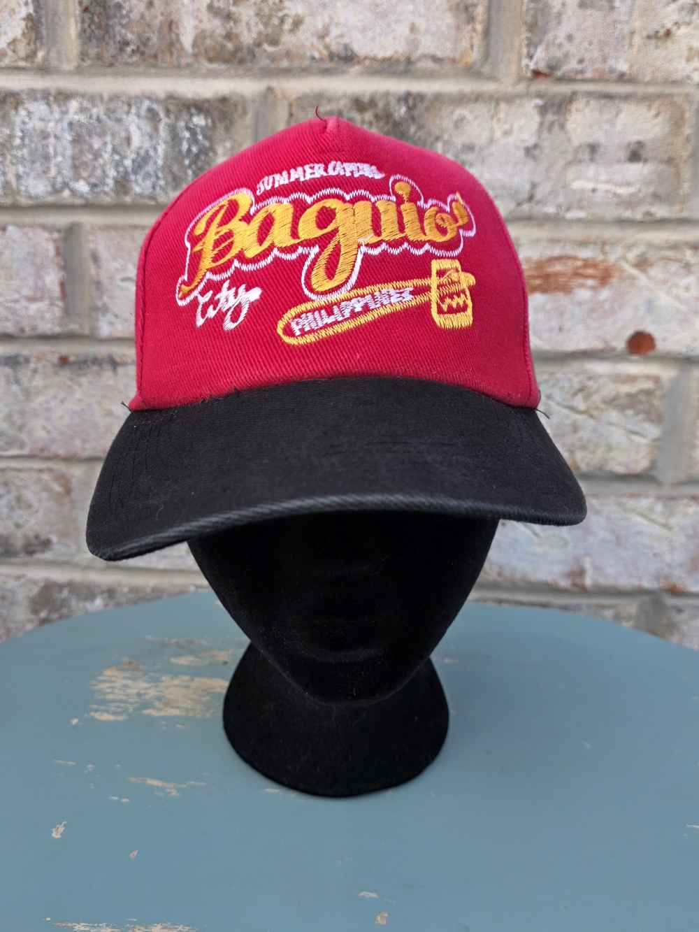 Vintage Baguio City Philippines Souvenir Strapback Hat Red Black Embroidered Y2K